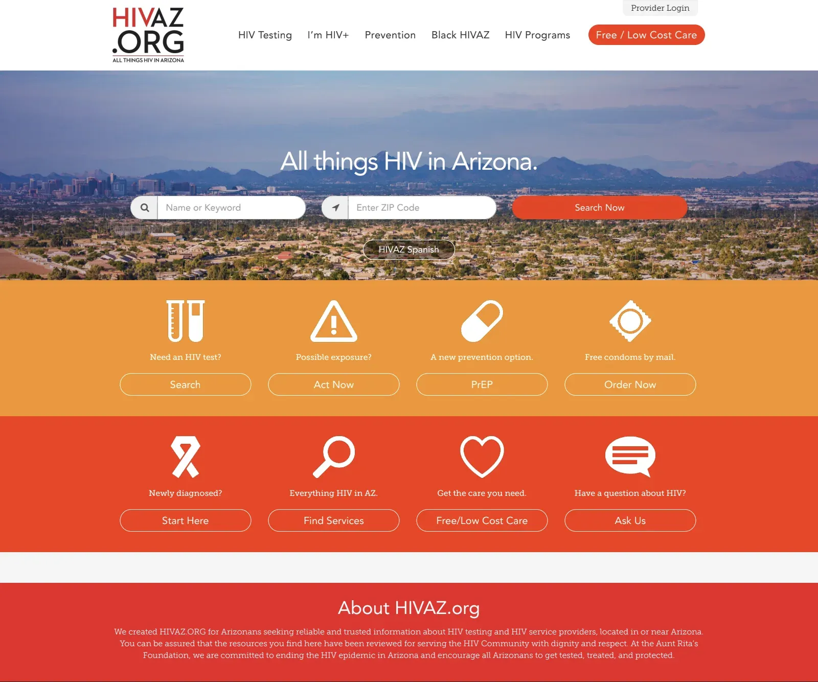 The HIVAZ.org homepage before the redesign: a red and orange logo, an orange search button over a photo of Phoenix, then two full-width bands of icons and buttons, one orange and one red, and a red About section