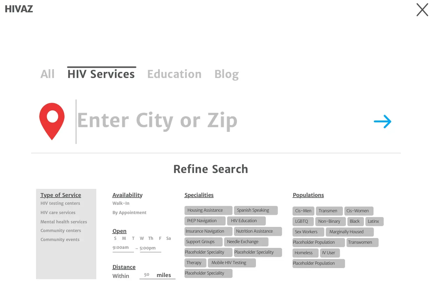 Wireframe of the directory concept: a city or zip search, then a Refine Search panel with type of service, availability, open hours, distance, and rows of speciality and population filter chips