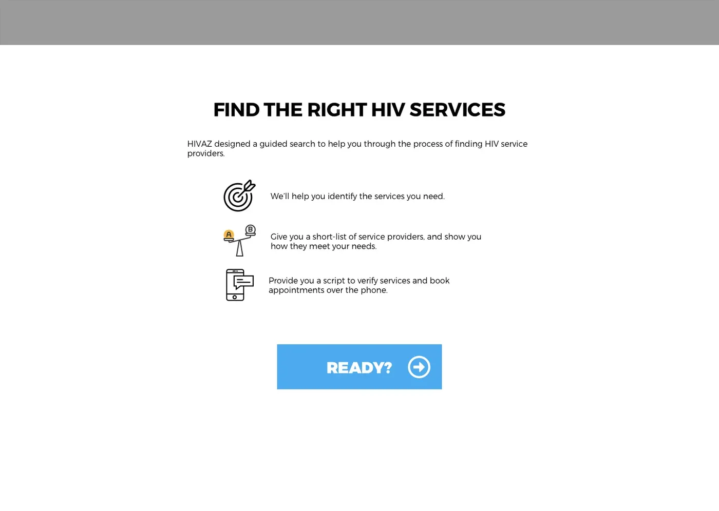 Wireframe of the guided-search concept: 'Find the right HIV services', promising to identify the services you need, give you a short-list of providers, and provide a script for the phone call, with a Ready? button