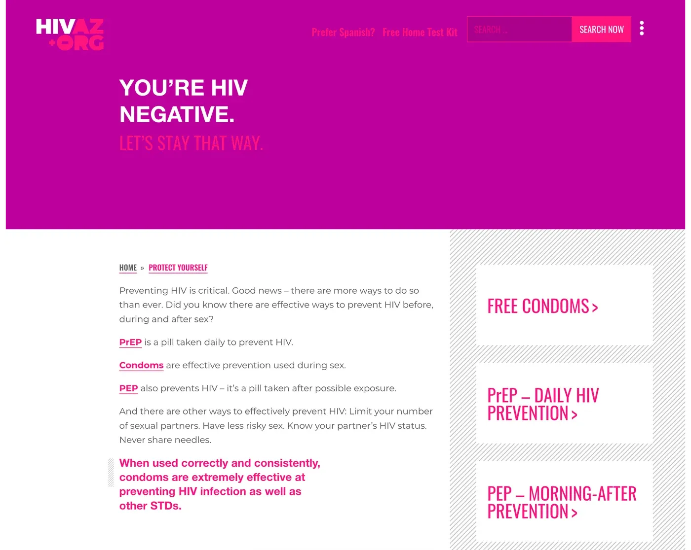 The negative route, magenta with pink accents: 'You're HIV negative. Let's stay that way.' with prevention options PrEP, condoms, and PEP, and three links: Free condoms, PrEP daily prevention, PEP morning-after prevention