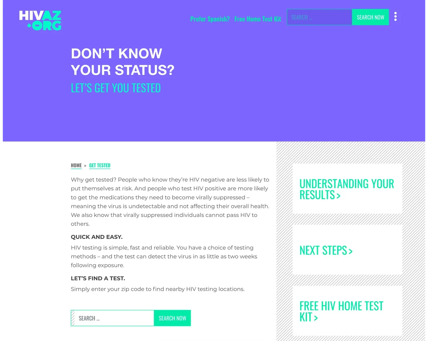 The not-sure route, violet with mint accents: 'Don't know your status? Let's get you tested.' with why and how to test, a zip code search for testing locations, and three links: Understanding your results, Next steps, Free HIV home test kit