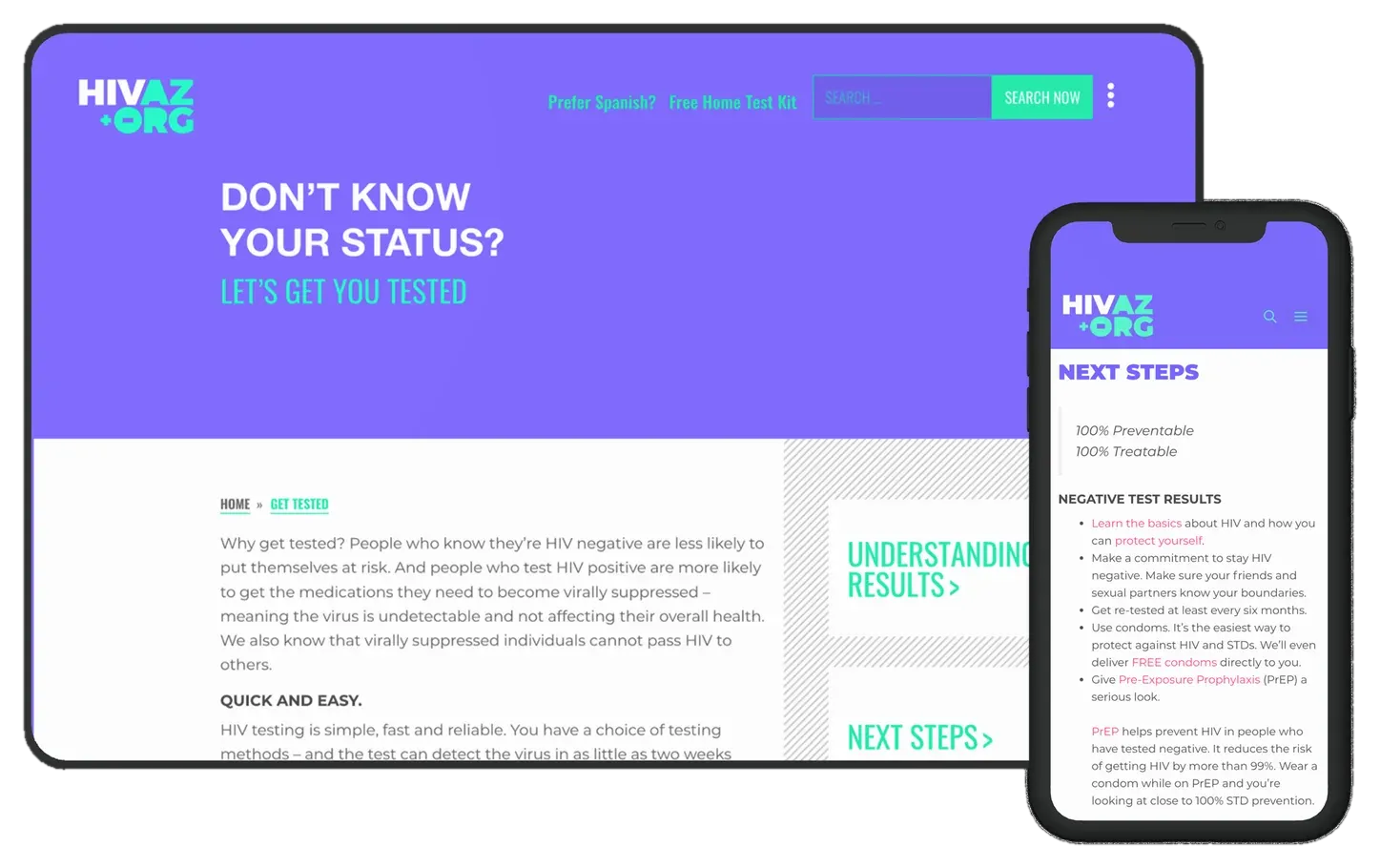 The shipped site on a tablet and a phone: the tablet shows the not-sure route, 'Don't know your status? Let's get you tested', and the phone shows its Next Steps page, both in the same violet and mint