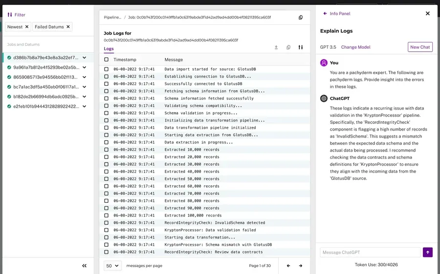An internal log viewer at HPE with an AI chat panel open beside it, explaining a pipeline failure