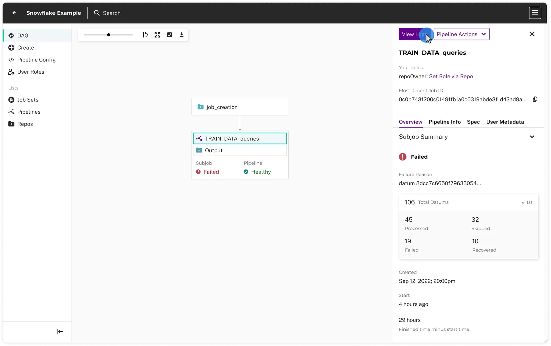 The pipeline dashboard for TRAIN_DATA_queries, showing a healthy pipeline next to a failed subjob, with View Logs and Pipeline Actions in the panel beside it.