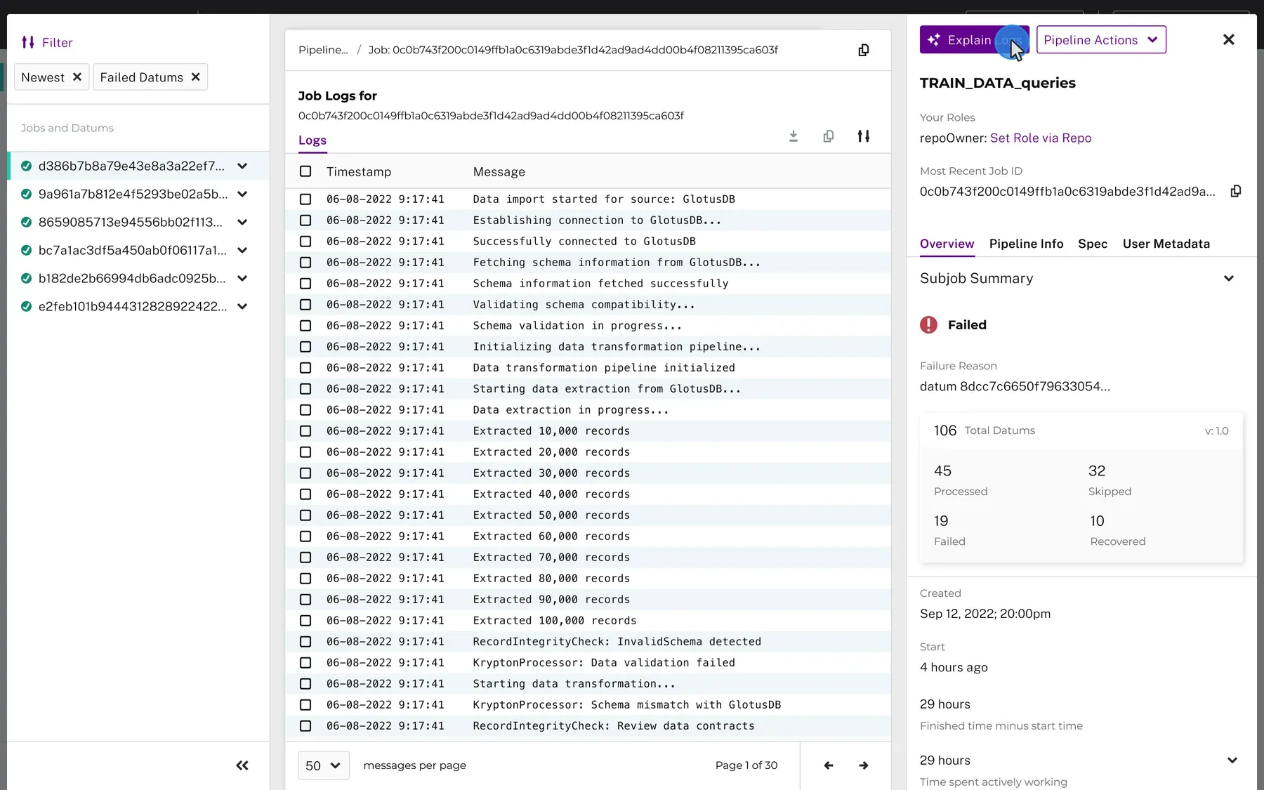 The job's log screen, listing the failed extraction steps, with the cursor clicking the Explain Logs button in the panel on the right.