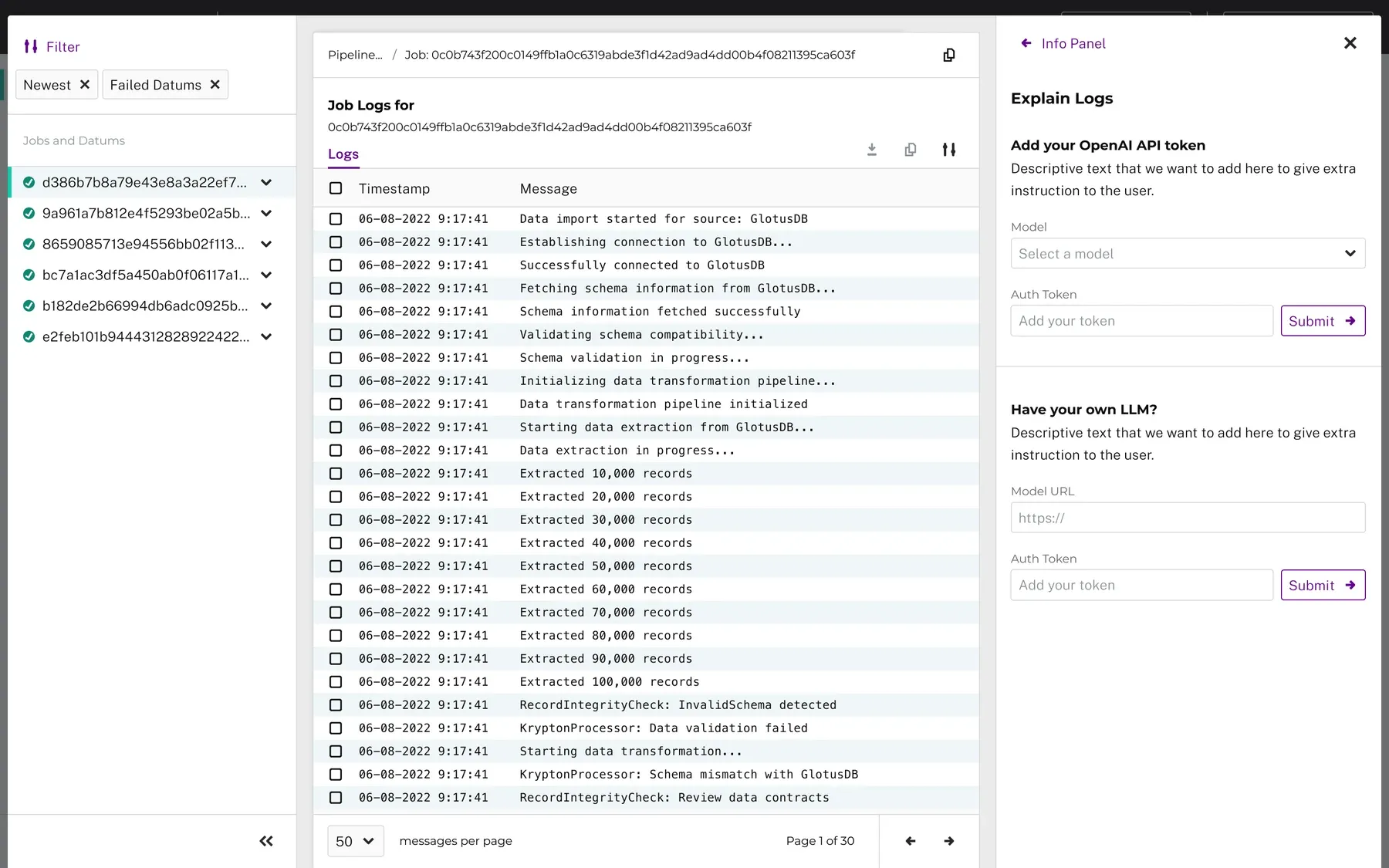 The Explain Logs setup panel, asking for an OpenAI API token, or for teams with their own LLM, a model URL and token instead.