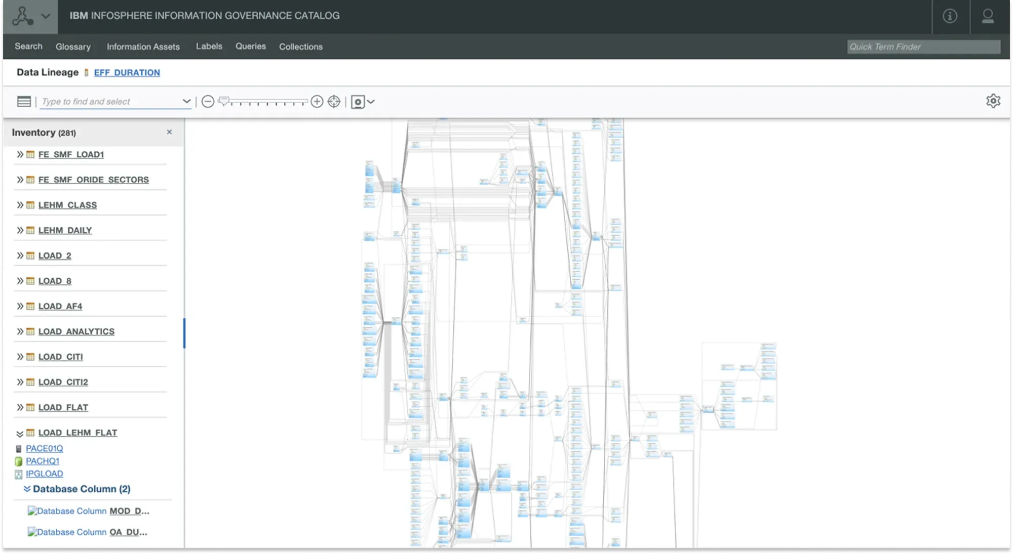 IBM Infosphere Information Governance Catalog, Data Lineage for EFF_DURATION: an inventory panel listing 281 assets on the left and, on the right, a dense diagram of hundreds of tiny nodes joined by grey lines, too small to read