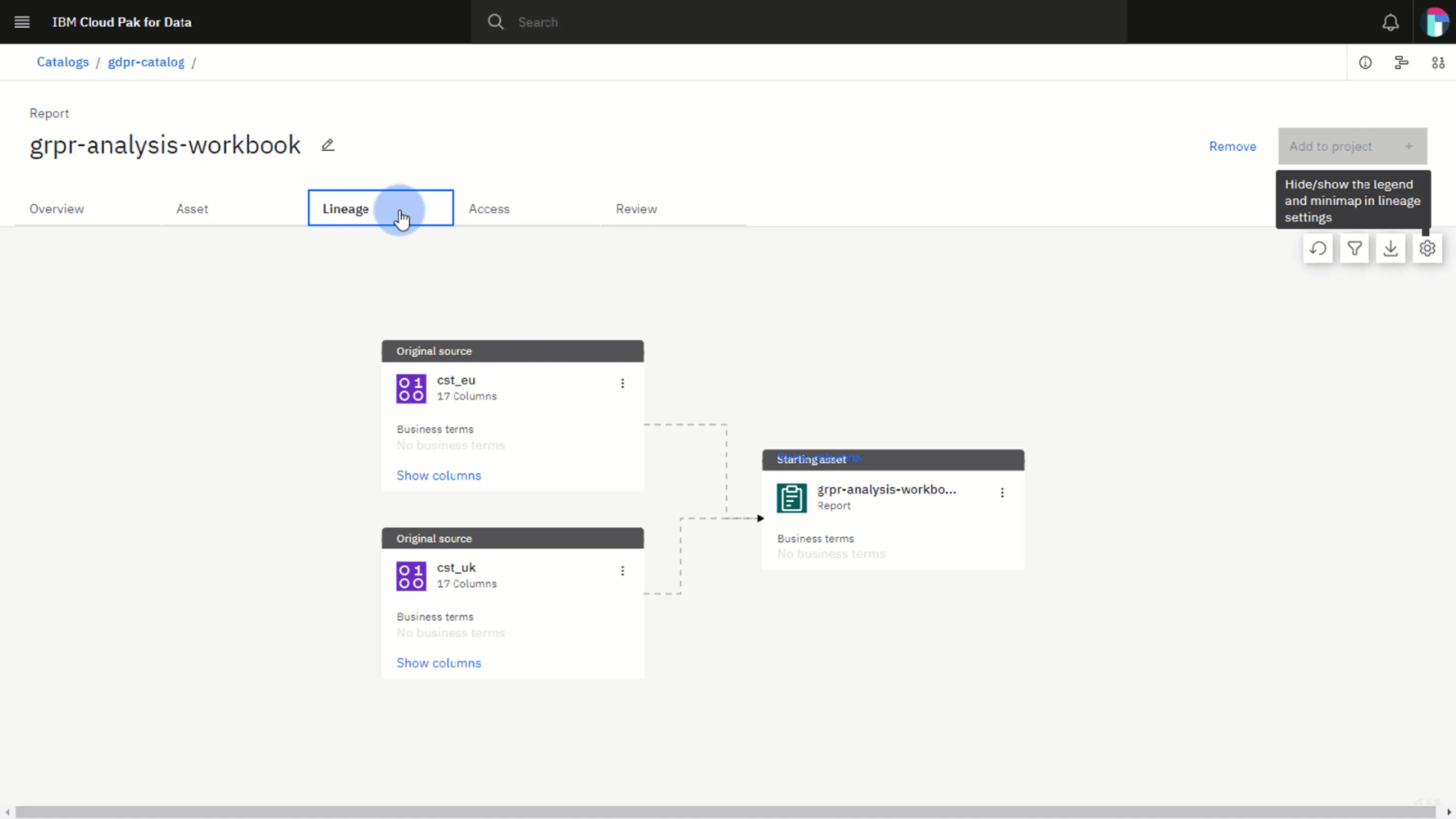 The redesigned data lineage: a clean Summary View showing original sources and end consumers, with controls to expand the upstream and downstream flow on demand.