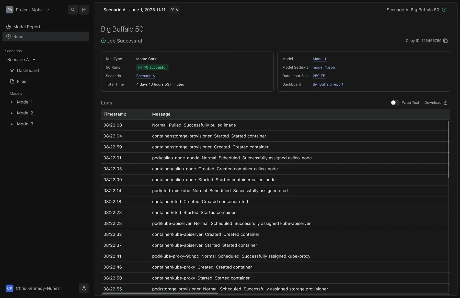 A run detail screen showing a Monte Carlo job named Big Buffalo 50: job status, run count (40 of 50 successful), scenario and model metadata, data input size, and a scrolling log of container and pod events from the run.