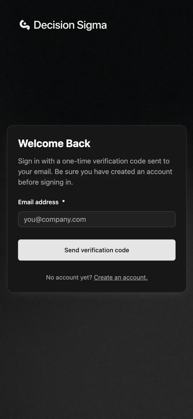 The sign-in screen of the live QuantaLyric prototype on a phone, dark themed, with the Decision Sigma wordmark, a Welcome Back heading, an email field for a one-time verification code, and a link to create an account